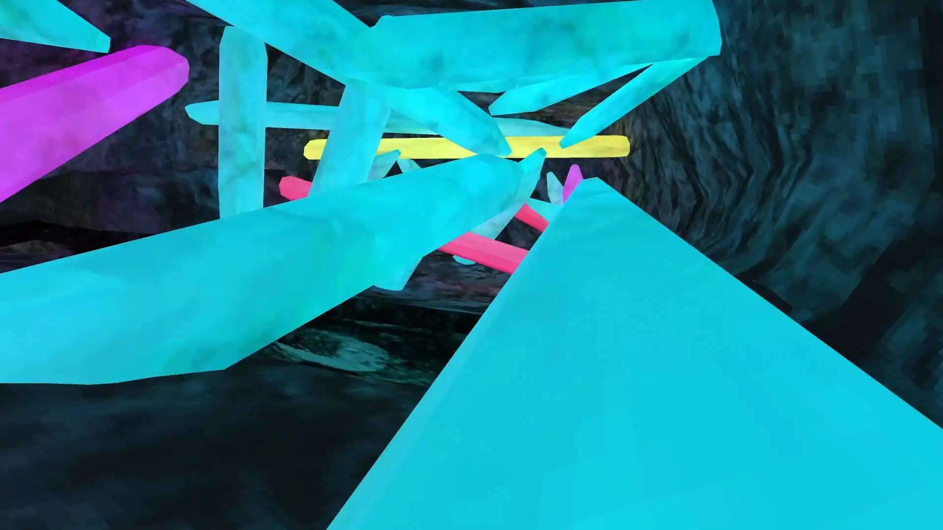 Neon cyan and pink crystal formations inside a dark cave