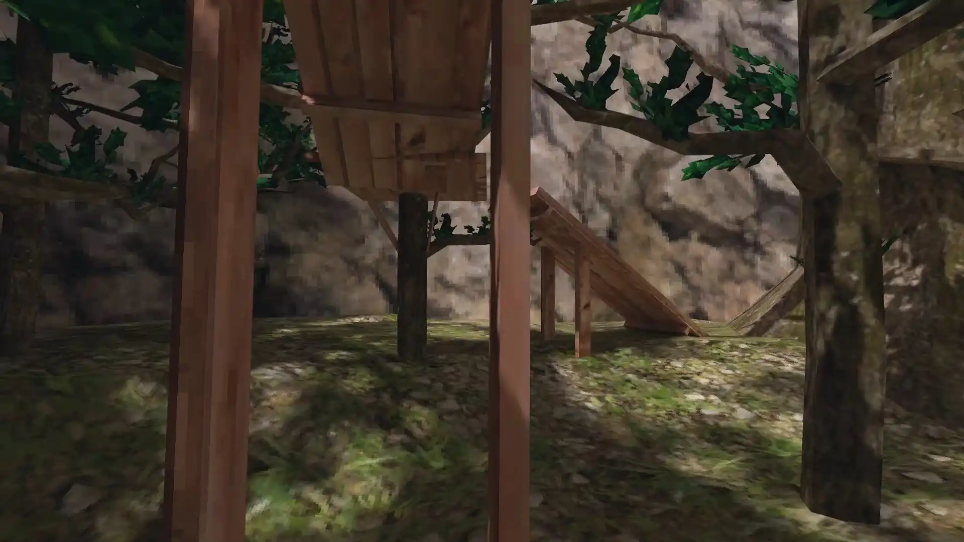Wooden walkways and platforms built among trees in a rocky forest